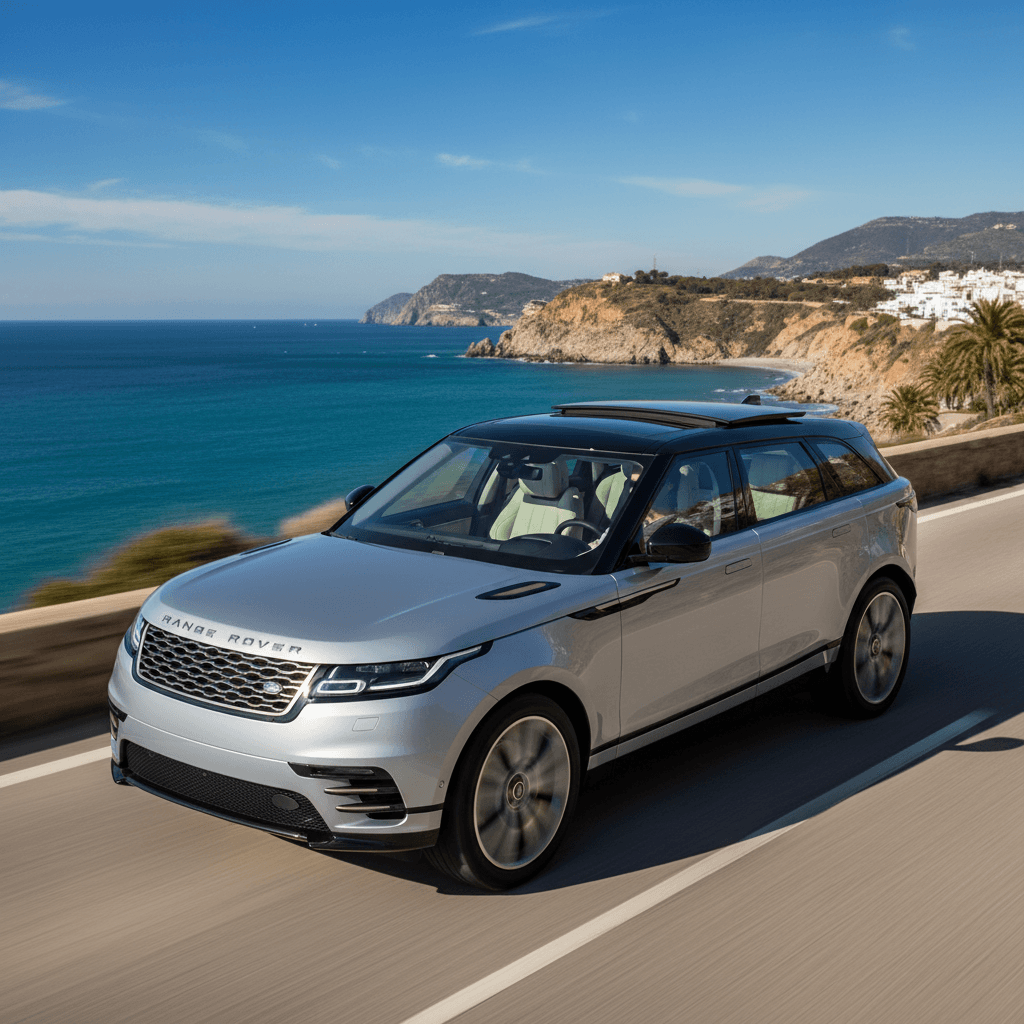 Luxury SUV with panoramic sunroof on a scenic coastal road in Málaga