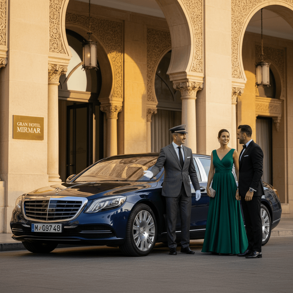 Chauffeur opening car door for clients at luxury hotel entrance