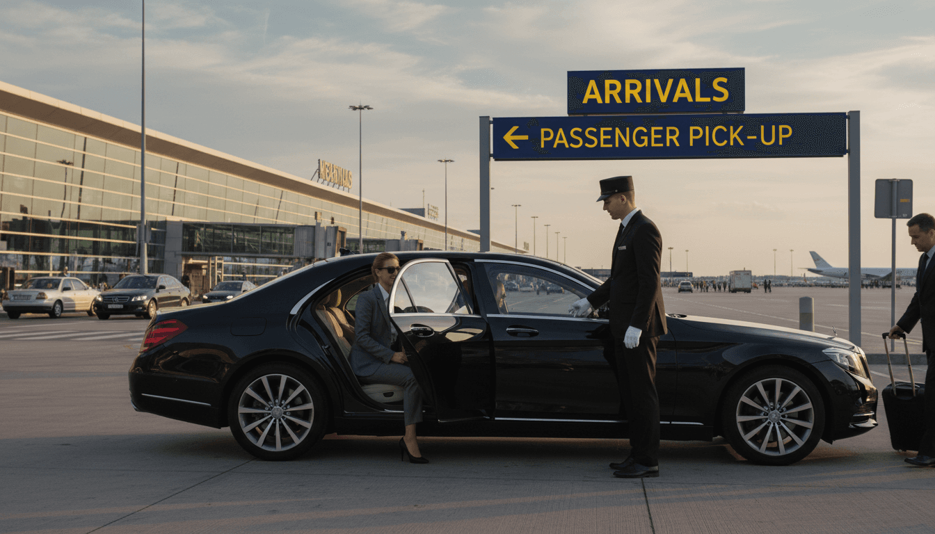 Conductor abriendo la puerta del coche a un pasajero en el aeropuerto