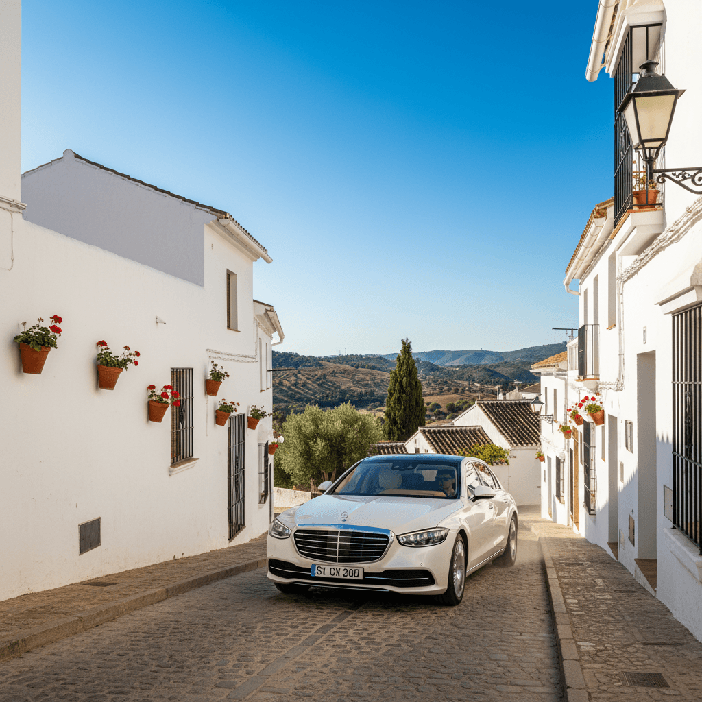 Luxury sedan driving through a whitewashed village in Málaga, Spain