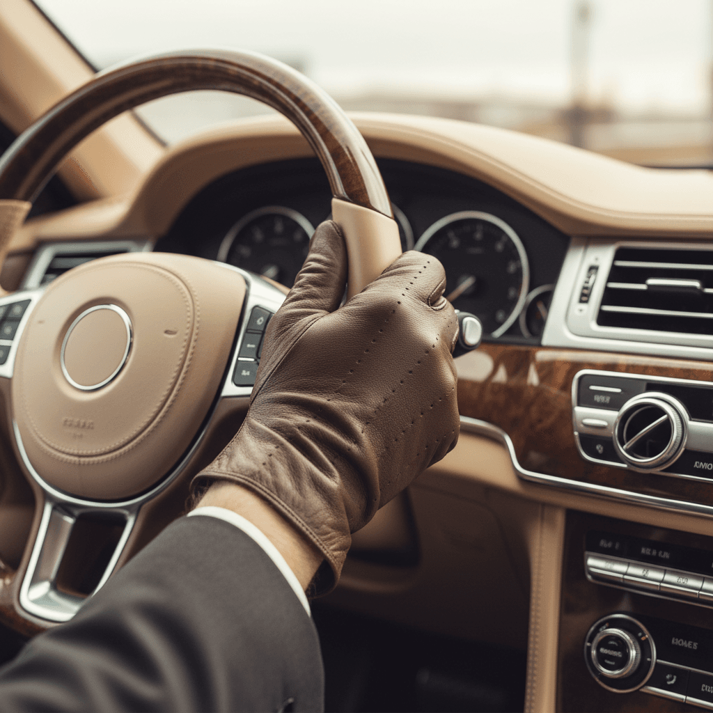 Detalle del volante con acabados en madera y cuero